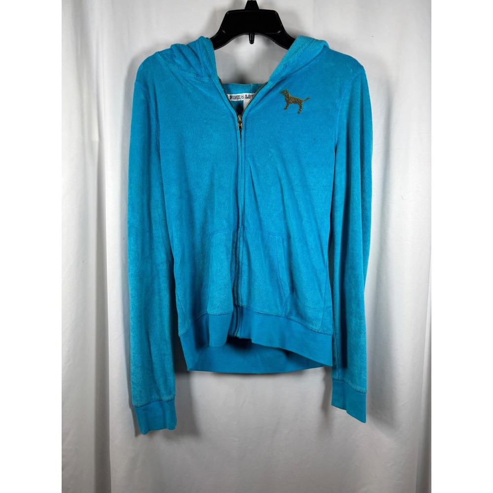 PINK Victorias Secret Turquoise Blue Terry Cloth Gold Sequin Zip Up Hoodie M